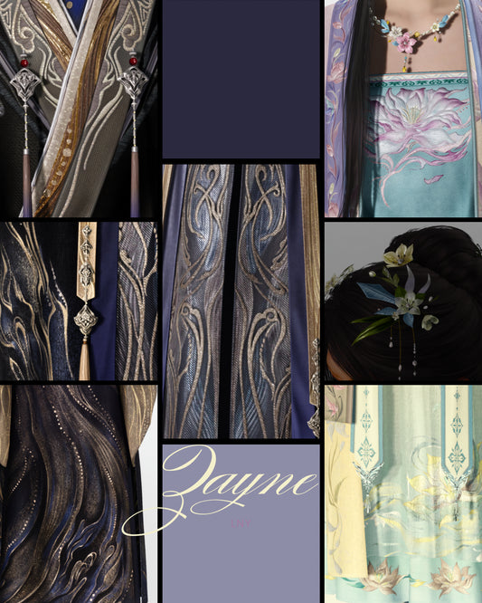 moodboard for a set inspired by love and deepspace zayne and MC lunar year new 2026 outfits