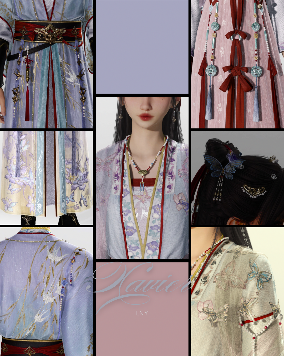 moodboard for a set inspired by love and deepspace xavier and MC lunar year new 2026 outfits