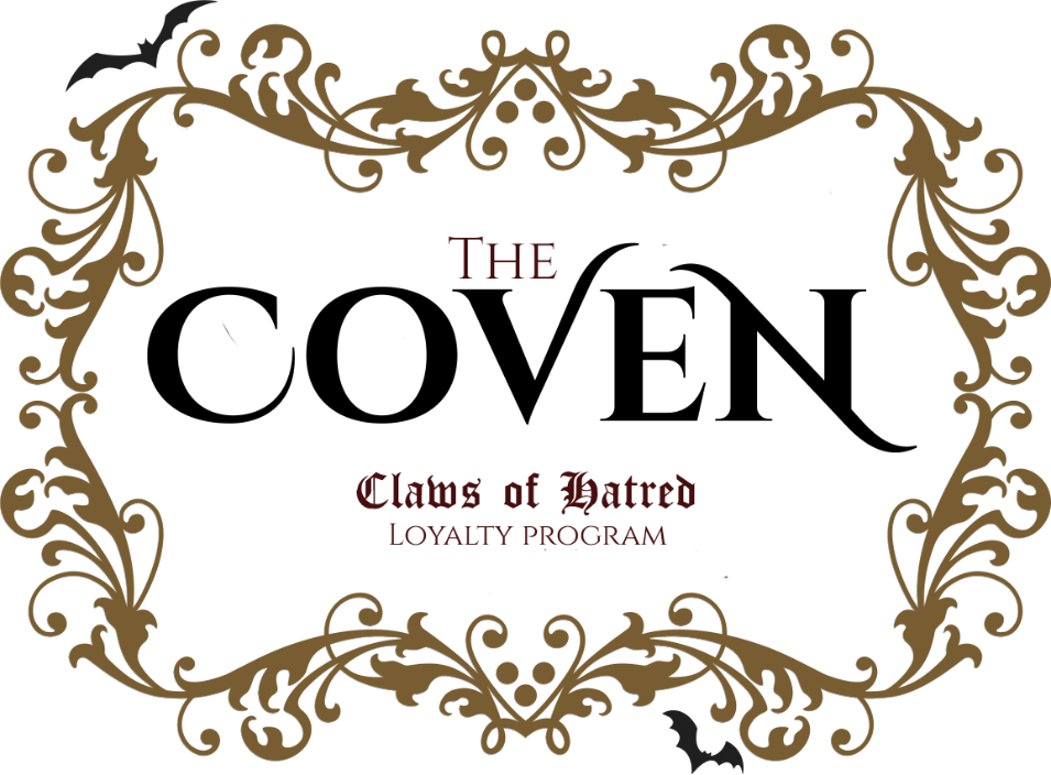 Decorative logo for 'The Coven: Claws of Hatred Loyalty Program' with intricate gold border on white background