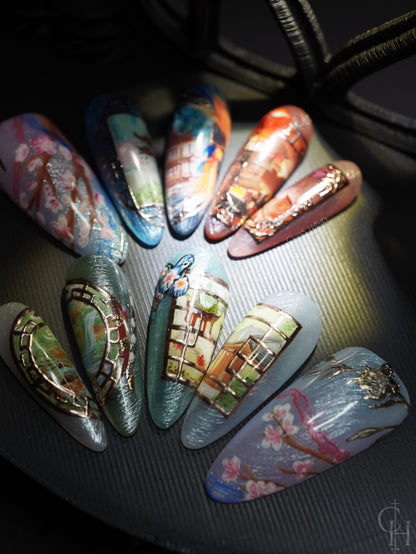 lunar new year love and deepspace set inspired by the key art for the event. pearl textured bases with semi-transparent jelly shades ranging from blue to pink to green and milky white. handpainted landscapes seen through chinese architectural-inspired frames, and apple blossoms on the thumbs. 