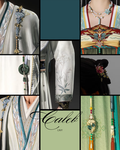 moodboard for a set inspired by love and deepspace caleb and MC lunar year new 2026 outfits