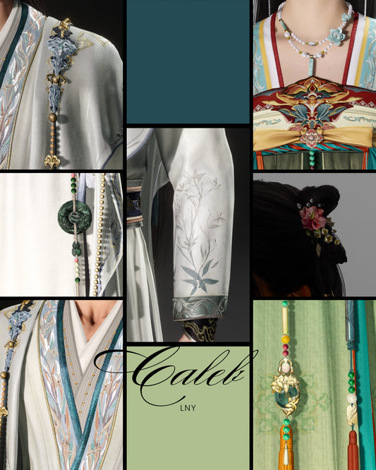 moodboard for a set inspired by love and deepspace caleb and MC lunar year new 2026 outfits