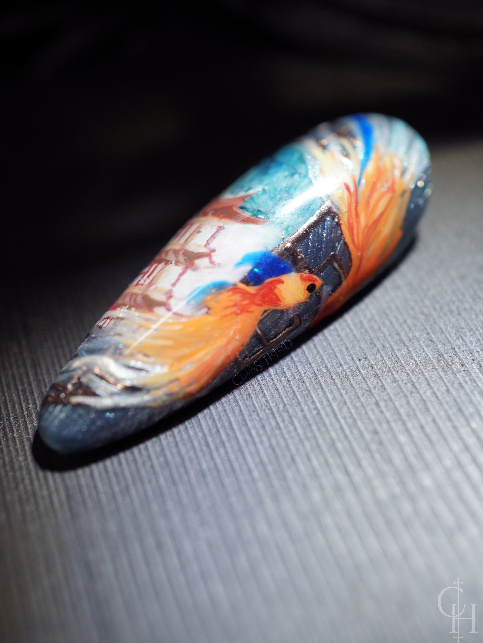 lunar new year love and deepspace set inspired by the key art for the event. pearl textured bases with semi-transparent jelly shades ranging from blue to pink to green and milky white. handpainted landscapes seen through chinese architectural-inspired frames, and apple blossoms on the thumbs. 