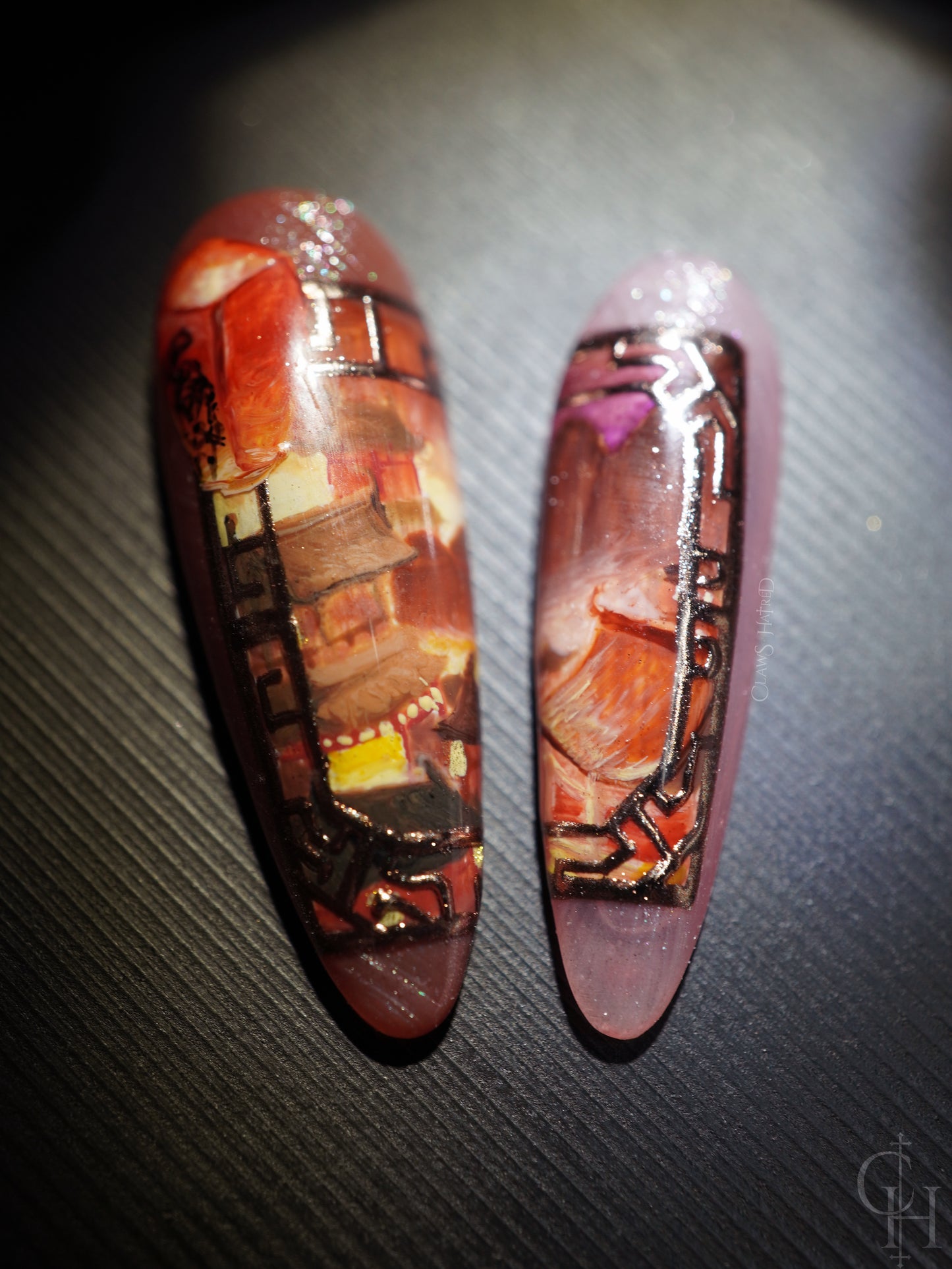 lunar new year love and deepspace set inspired by the key art for the event. pearl textured bases with semi-transparent jelly shades ranging from blue to pink to green and milky white. handpainted landscapes seen through chinese architectural-inspired frames, and apple blossoms on the thumbs. 