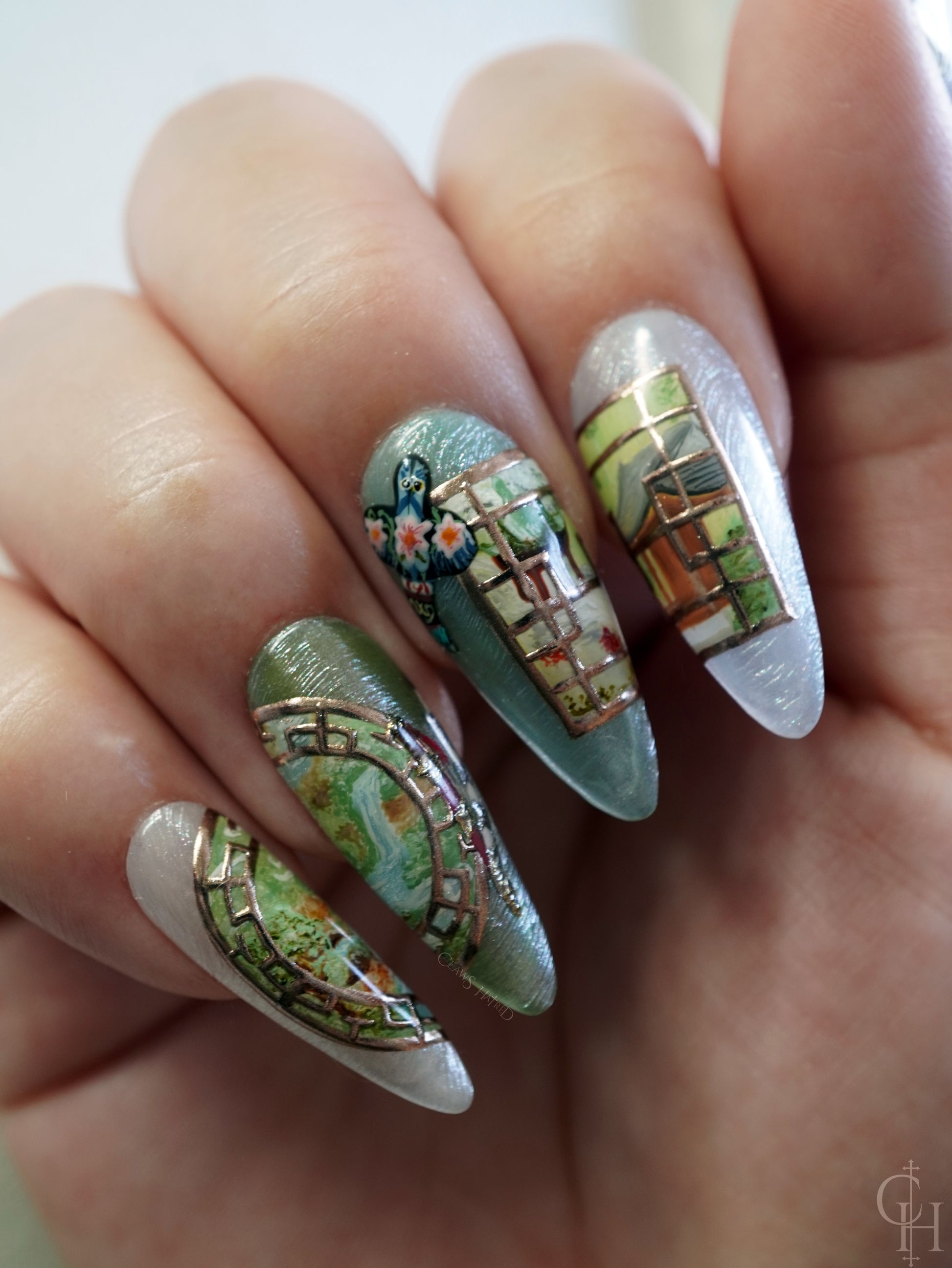 lunar new year love and deepspace set inspired by the key art for the event. pearl textured bases with semi-transparent jelly shades ranging from blue to pink to green and milky white. handpainted landscapes seen through chinese architectural-inspired frames, and apple blossoms on the thumbs. 