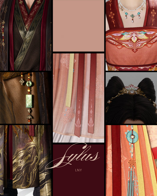 moodboard for a set inspired by love and deepspace sylus and MC lunar year new 2026 outfits