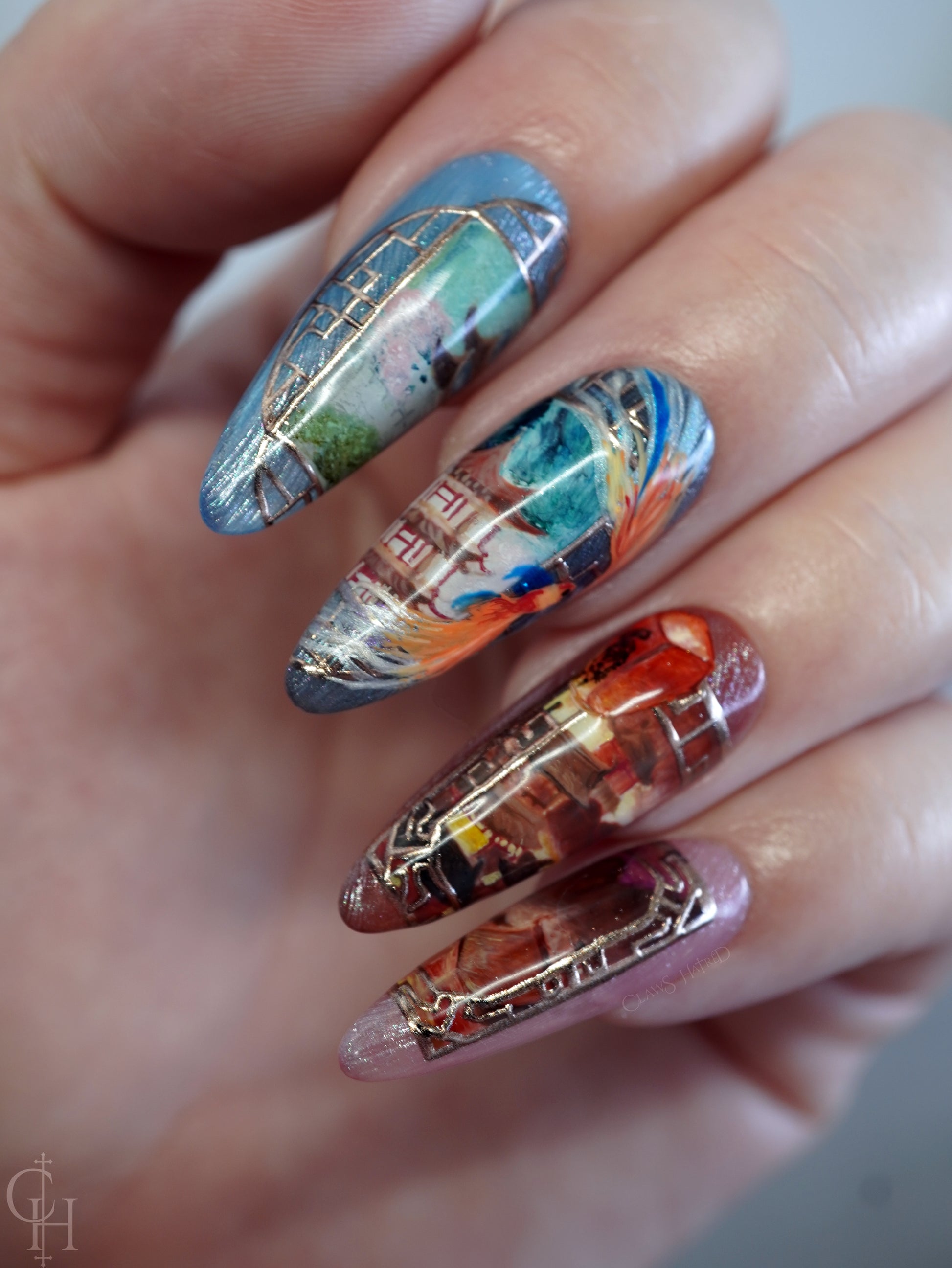 lunar new year love and deepspace set inspired by the key art for the event. pearl textured bases with semi-transparent jelly shades ranging from blue to pink to green and milky white. handpainted landscapes seen through chinese architectural-inspired frames, and apple blossoms on the thumbs. 